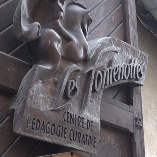 Porte d'entrée de l'IME les Fontenottes à Saint-Julien-du-Sault. Porte en bois avec un relief noté "les fontenottes, centre de pédagogie curative"