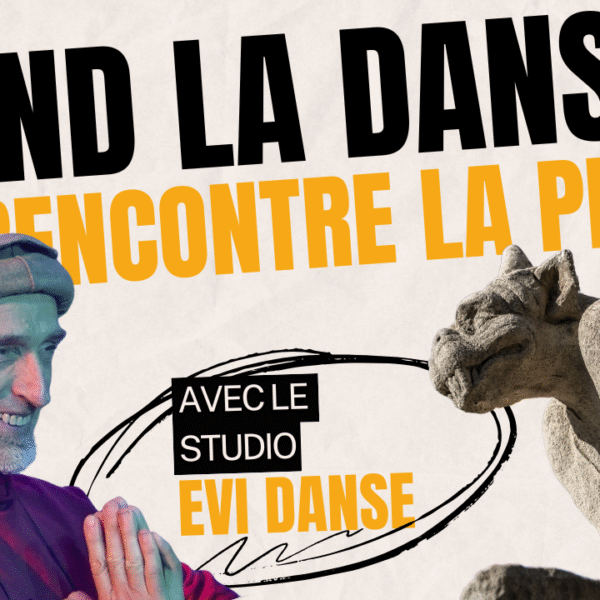 Un danseur souriant en rouge face à une gargouille de pierre, avec le texte « Quand la danse rencontre la pierre ».